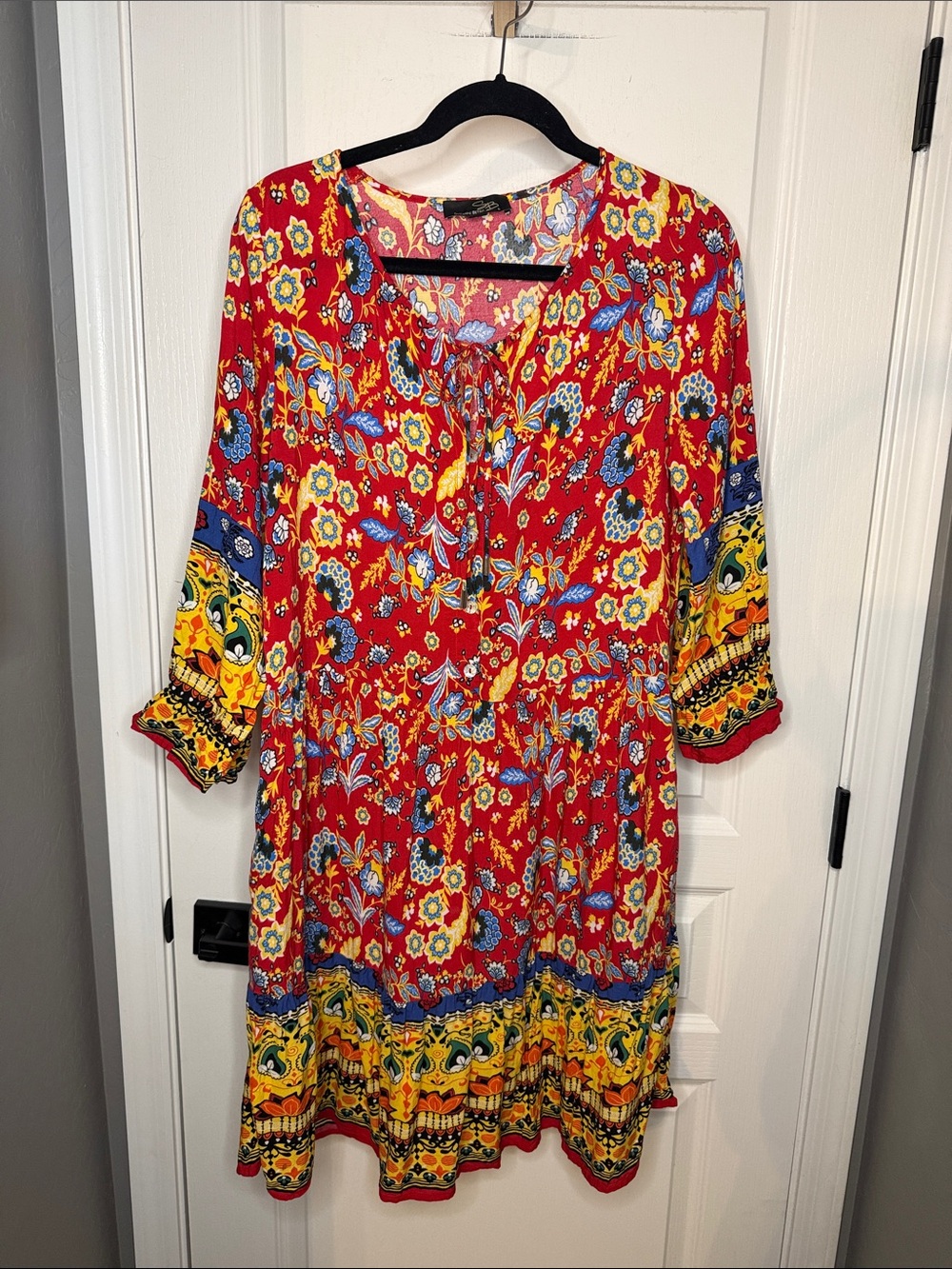 Suzanne Betro Red Floral Long Sleeve Boho Tunic Dress with Yellow Border